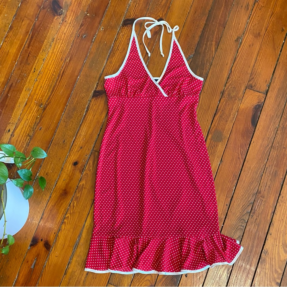 Retro Jodi Kristopher Red & White Polka Dot Halter Top Ruffle Dress Size L NWT